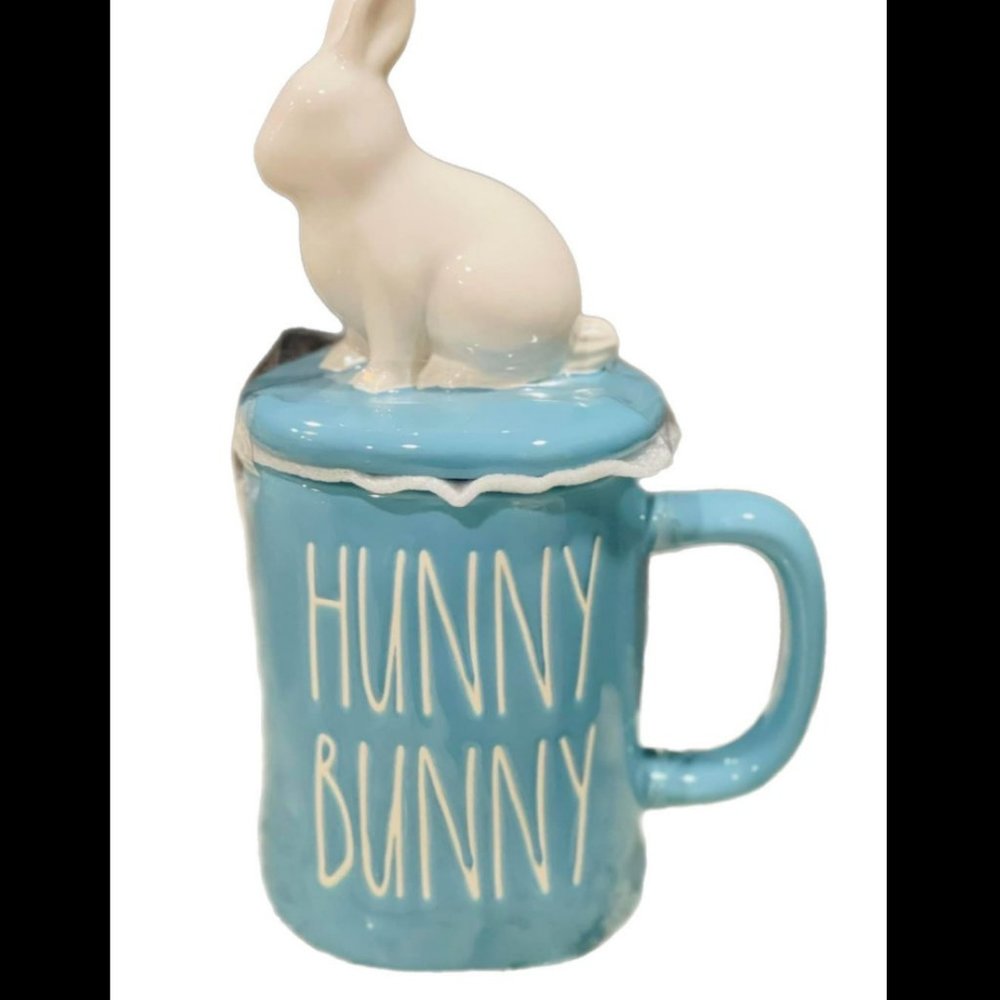 Rae Dunn “hunny bunny” blue mug with bunny topper